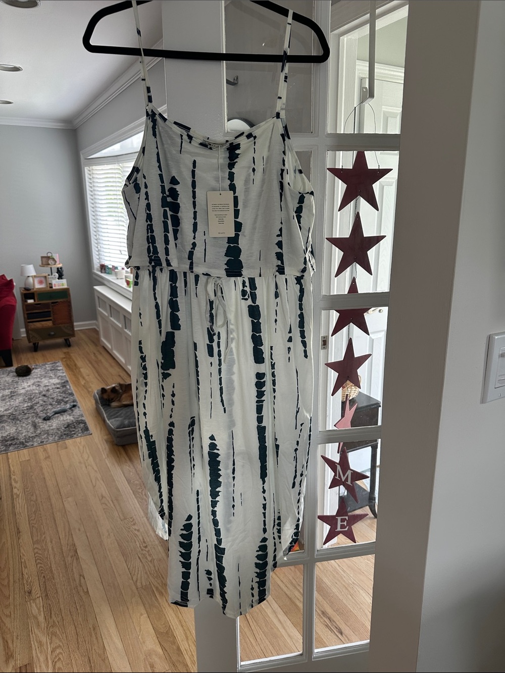 White Tie-Dye Strap Midi Dress with Navy Stripes large